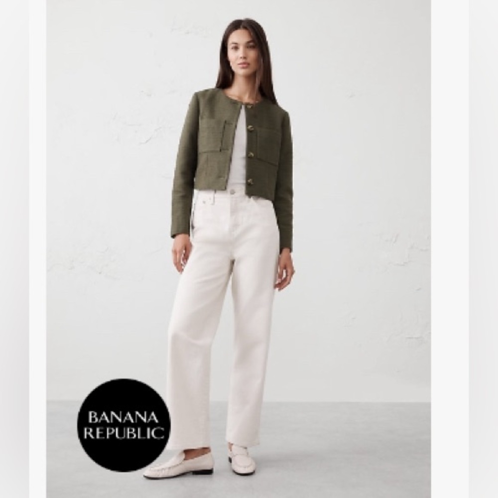 Banana Republic Dark Olive Tweed Women's Collarless Cropped Jacket